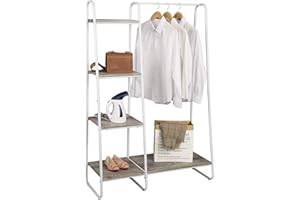 eSituro Attaccapanni da Terra Guardaroba Metallico Stand Appendiabiti Multi-Purpose per Scarpe con 4 Ripiani di Legno SGR0088, Bianco+sabbia