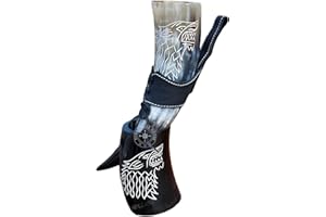 THE ANTIQUE HOUSE Tasse à bière Viking en corne véritable avec support et support en cuir