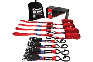 TENSYS Ratchet Tie Down Straps (4PK) 800kg Max Break Force,Includes 25mm x 5m Tie Down with Padded Handle, 0.38m Soft Loops.Coated "S" hooks with safety keeper.Securing Cargo on Trailers, Roof Racks-Red