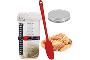 Yuhtech Słoik startowy do zaczynu zakwasowego z silikonową szpatułką, papierem temperaturowym, zszytą pokrywą z materiału i metalową pokrywką, 730 ml szkła, zestaw startowy do pieczenia chleba