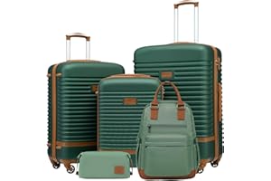 COOLIFE Suitcase Set, 5 Piece Luggage Sets with Travel Backpack and Toiletry Bag for Family Travel, TSA Lock 360° Spinner Wheels (Green/Brown, 5 Piece Set)