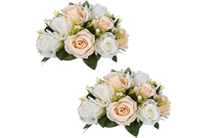 NUPTIO 2 Piezas Flor Artificial, 15 Cabezas Rosas Plástico con Base, Adecuadas para el Estante Central Flores de Nuestra Tienda Fiestas Decoración del Hogar(Champán y Blanco)