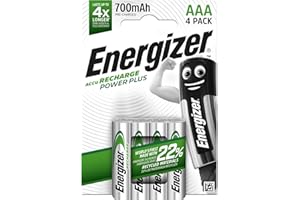 Energizer Recharge Power Plus - Batterie Ricaricabili AAA (Confezione da 4) - Pile 700 mAh NiMH - pronte all'uso - potenza di lunga durata - 100% imballaggio riciclabile privo di plastica