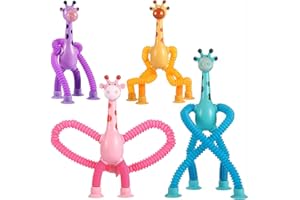 Shirene Jouet de Girafe à Ventouse Télescopique,4 PCS Jouets Girafe Télescopique,Jouets Sensoriels de Jouet Girafes,Girafes Pop Tubes,éducatifs Extensibles pour Garçons et Filles
