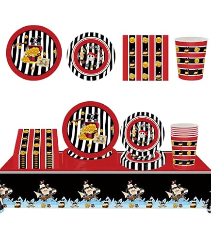 Kit De Vaisselle Jetable Thème Pirate Pour Anniversaire - 51 Pièces : Assiettes, Gobelets, Serviettes, Nappe