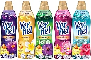 VERNEL Weichspüler Aromatherapie-Set 5x 37 Waschladungen (185WL) 1x Sinnliche Frangipani, 1x Zauberhafte Malediven, 1x Faszinierender Dschungel, 1x Traumhafte Lotusblüte, 1x Bezaubernde Magnolie