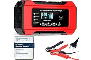 HAUSPROFI Ładowarka do akumulatora samochodowego 6 A, 12 V, inteligentna, w pełni automatyczna ładowarka z wyświetlaczem LCD, trybem naprawy i 8 funkcjami ochronnymi, do samochodu, motocykla, kampera, łodzi (2