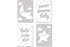 PREMYO Quadri per Camera Bambini - Set di Poster Luna Stella Grigio - Stampe da Parete Decorazione Cameretta Neonato A4