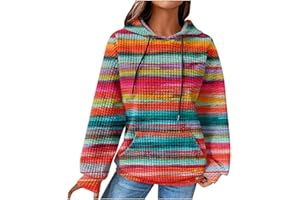 EMATOP Damen Baumwolle Hoodie Causal Langarm Kapuzenpullover Herbst Winter Warm Pullover Vintage Bunte Print Sweatshirt mit Kapuze Pulli Oberteile Mode Waffel Kapuzenpulli mit Taschen Outwear
