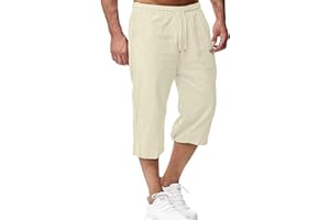 LVCBL Short en Lin pour Homme, Longueur 3/4, Pantalon d'été, pour la Plage, Le Yoga, Le Jogging, Décontracté