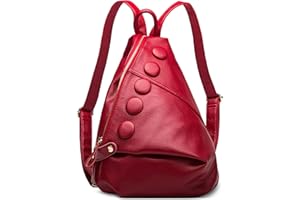 DIRRONA Antivol Sac à Dos Femme Cuir Véritable Sac à Bandoulière Décontracté Voyage Élégant Sacs à Dos Travail Achats Datation Mode Bouton Décoration Sac à Main Rouge