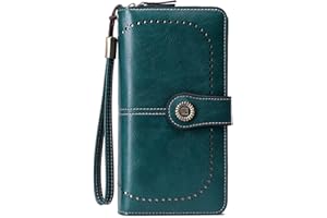 FORRICA Cartera Mujer Grande Monedero Cremallera RFID Bloqueo Billetera Múltiples Compartimentos Tarjeteros Cartera Cuero PU con Correa Muñeca Azul