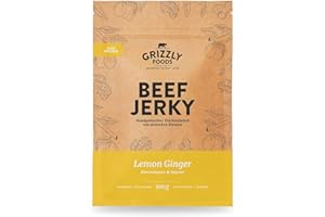 ‎GRIZZLY SNACKS Beef Jerky • Deutsches Rindfleisch • Trockenfleisch vom Rind im Set• 10er-Pack • Lemon Ginger • (10 x 100 g = 1 kg)