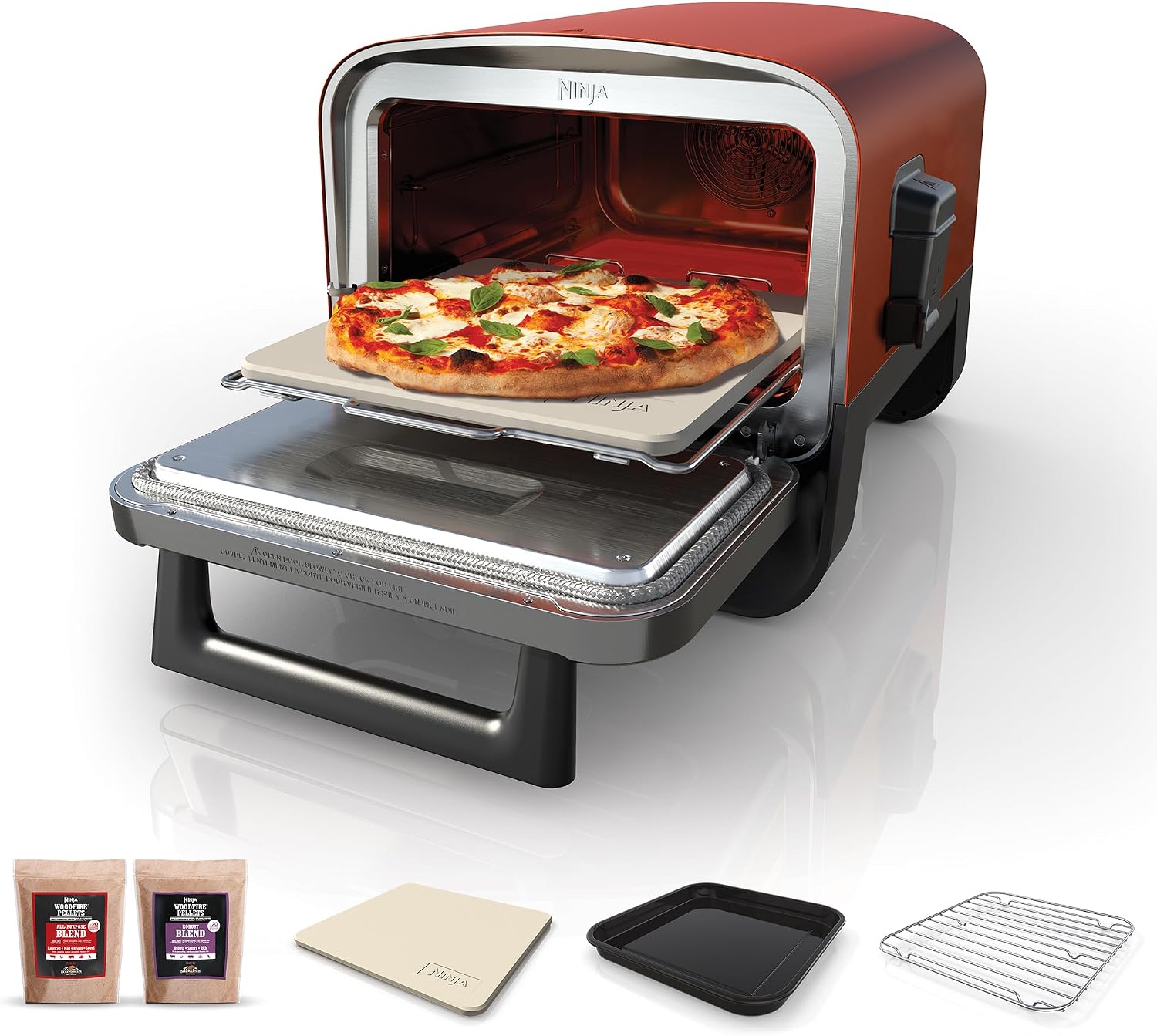 Ninja Woodfire Electric Outdoor Oven, 8-in-1 Pizza Oven, High-Heat Roaster & BBQ Smoker with Roast Rack, Pro-Heat Tray, Pizza Stone,Wood Pellets & Scoop, Electric,6 Pizza Settings,Burnt Orange OO101UK