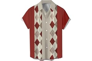LZZIDOU Bowling-Shirts für Herren, Vintage-Stil, 1950er-Jahre, lässig, kurzärmelig, Knopfleiste, kontrastierendes Hemd, Sommer, Farbblock, kubanische Hemden