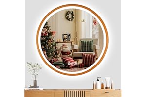 ‎STARLEAD STARLEAD Badspiegel-Rund-mit-Beleuchtung 60cm Diameter, LED-Spiegel-Rund mit Dimmbar, 3 Farbtemperatur, Entfogging, Bluetooth, Memory-Funktion, IP44 Holzmaserung Badezimmerspiegel