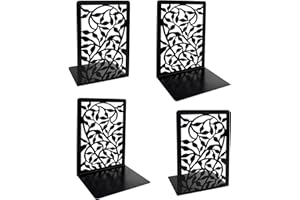 Coolnice 4 Stück Buchstützen aus Metall Schwarz rutschfeste Stabile Bücherstütze mit Efeu Design Motiven für Magazine,Bücher, DVDs