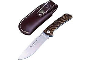 DON FILO Navaja Cudeman 389-JM Mini Pandora con hoja de acero Böhler N690Co de 8 cm y empuñadura de juma, olivo o nogal de 10 cm para Caza, Pesca, Supervivencia + Portabotellas Regalo (Juma CON funda)