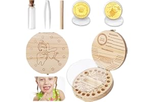 FIDWALL Milchzahndose und Zahnfee-Münzen-Set, Zahndose aus Holz für Mädchen & Jungen, Milchzahndose mit Haarlocken-Aufbewahrung, Zahnfee Münzen als Geschenk für Kinder, Erinnerung an erste Milchzähne