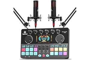 SQUAROCK Podcast Equipment Bundle for 2, Audio Interface DJ Mixer All-In-One with 48V Condenser Microphone Studio Equipment For Streaming COMMANDER M100