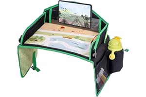Jovikids Vassoio da Viaggio per Bambini, Tavola da Disegno Cancellabile, Tasca PAD touch screen Tavolino Auto per Bambini, 7 Tasche, Pieghevole e Portatile (green)