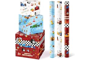 WERNNSAI Rouleaux de Papier Cadeau Voiture de Course - 3 Rouleaux Courts Papier Cadeau D'anniversaire pour Enfants Garçons Emballage Cadeau Fête Hot Wheel Rouge Bleu Blanc avec Ligne Découpe 43cm X 3m