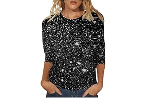 ACHIMLT Pailletten Oberteil Damen Glitzer Pullover 3/4 Arm Shirt Casual Rundhals Langarmshirt Baumwolle T-Shirt Elegant Sexy Silvester Outfit Große Größen Langarm Tunika Karneval Party Festliche Blusen