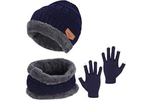 FAOKZE Kinder Wintermütze Schal Touchscreen Handschuhe Set,Wintermütze und Schal-Set,Dicker, Weicher,Doppelschichtiger kinder mütze winter und Halswärmer,Beanie Strickmütze für Junge Mädch 5-10 Jahre