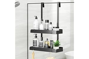 Josmimic Duschablage zum Hängen 2-stöckig 55,5 cm Hoches Duschregal ohne Bohren Edelstahl Duschkorb mit Haken –Badezimmer Organizer für Shampoo Schwarz