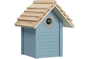 Navaris Wooden Bird House - Garden Nesting Box for Small Birds - Pine Wood Birdhouse - Real Wood Nester Cabin for Robins, Blue Tits, Sparrows - Blue