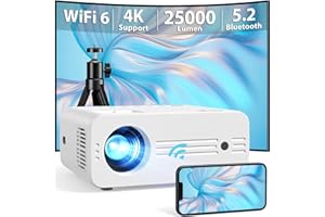 Proiettore WiFi6 Bluetooth 25000 Lumens, AKIYO O7 Proiettore 4k Supporto 1080P Nativo, Videoproiettore Full HD Home Cinema per TV Stick/iOS/Android/PS5/HDMI/USB/PC (con Treppiede)