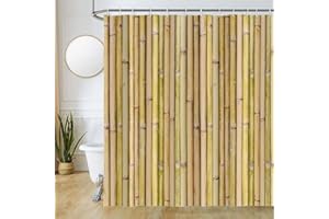 Uiiooazy Cortina Ducha Bambú, Cortina de Ducha Amarillo Natura Planta Motivo Cortinas de Baño Antimoho Impermeable Lavable Tejido de Poliéster Cortinas de Ducha con 12 Ganchos 180x200cm
