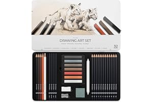 String & Space Artist's Drawing Set – 32pc Art Set for Adults – 12 Graphite Pencils (6H–12B), Charcoal, Pastels & Earth Tones – Metal Tin