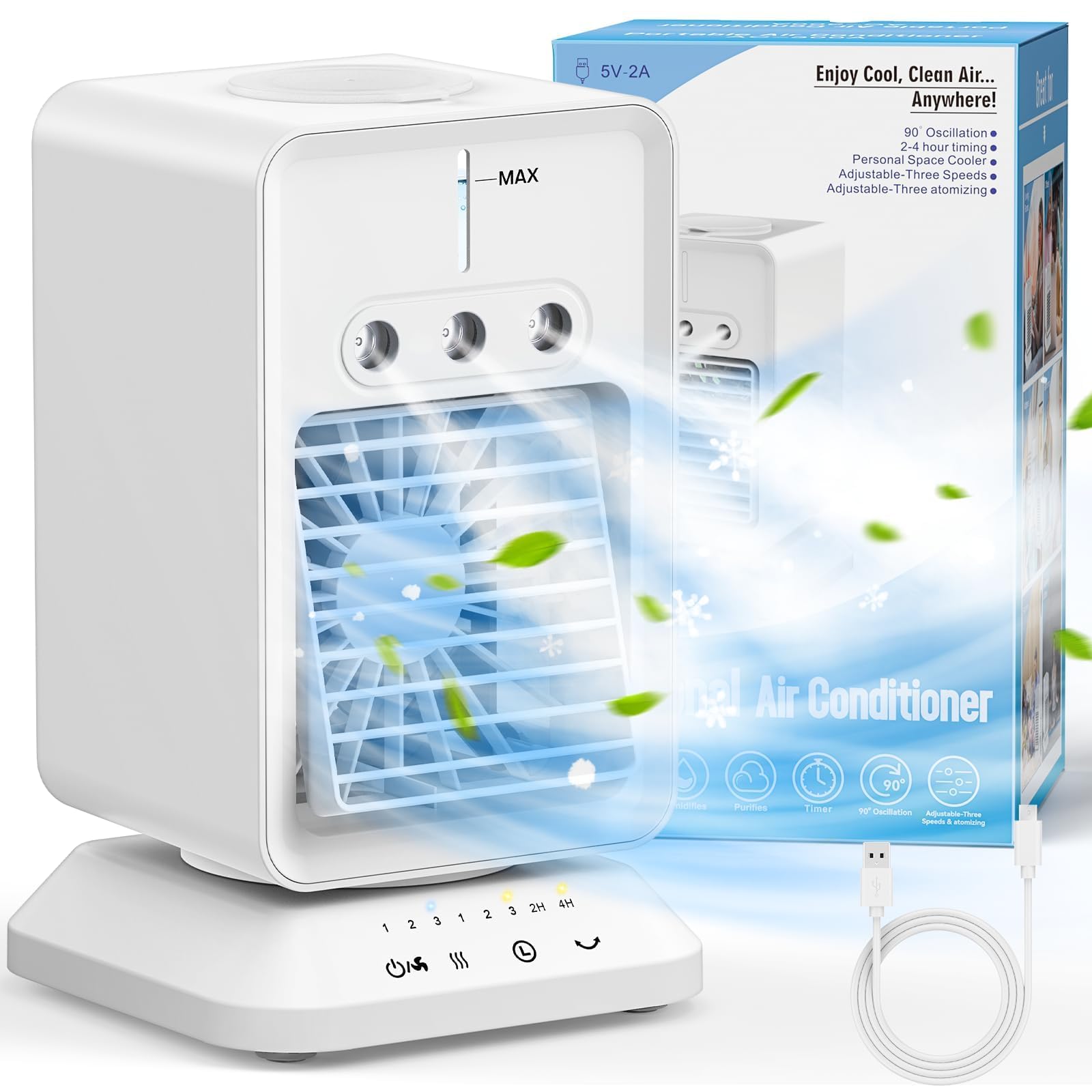 HIFRESH Mini Cooler with 90° Rotate, 4H Timer, 3-Level Mist, 300ml Ice Chamber, USB Operated Mini Air Cooler for Room Cooling