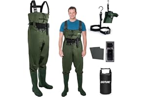 Goture Cuissardes de Waders Peche Homme, 70D nylon/500 PVC, Waders étanches pour la pêche avec Poche étanche, Chasse, Waders avec Pied de Botte, Poche étanche pour téléphone Portable, Vert
