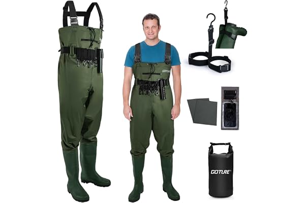 Goture Cuissardes de Waders Peche Homme Unisexe, 70D Nylon, Waders étanches pour la pêche avec Poche étanche, Chasse, Waders avec Pied de Botte, Poche étanche pour téléphone Portable, Vert