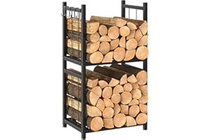 Shinoske Estante para leña de Chimenea con 4 ganchos, 44 x 30.5 x 82 cm, Estante de Leña para chimenea 2 Niveles Leñero Exterior e Interior Metálico, Negro