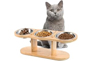 LIRCHES Futterstation Katzen Erhöht - Katzen Fressnapf Katze Erhöht, 3 Edelstahl-Katzennäpfe mit 15°gekipptem Bambusständer, erhöhte Katzenfutter für Hauskatzen, kleine Hunde und Welpen