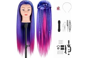TwoWin Mannequin Head Hair Styling Training Head Docka Cosmetology Doll Head Syntetfiber Hår Frisörträningsmodell med Gratis Klämma (Lila Färgglada)