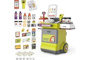 KalaDuck Cassa Supermercato Giocattolo per Bambini, 48PCS Carrello del Registratore di Cassa con Scanner, Calcolatrice, Soldi e Spesa Accessori, Negozio Giocattolo per Bambini Regalo (Verde)