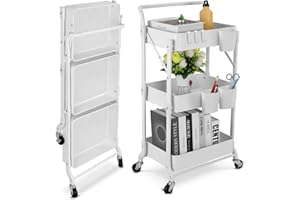 johgee Foldable 3 Tier Metal Utility Rolling Cart, Folding Mobile Multi-Function Storage Trolley Organizer Cart for Home Library Office(Foldable-White)