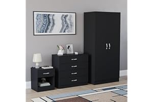 Vida Designs Riano 3 Piece Bedroom Furniture Set - 1 Drawer Bedside Chest, 4 Drawer Chest, 2 Door Wardrobe - Black