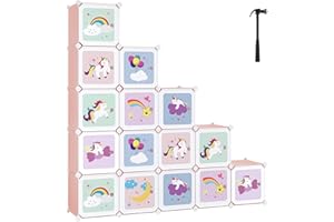 SONGMICS Armadio Cameretta, Guardaroba Modulare a 16 Cubi con Ante, Libreria Bambini, Scaffale Porta Giochi in Plastica, Mobile Porta Giocattoli, Scarpiera, 123 x 31 x 123 cm, Rosa LPC906P01