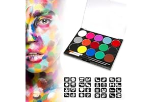 IKadiya Truccabimbi Kit, 2 Pennelli Professionali, 15 Colori Face Painting, Body Painting, Trucchi Neon, Colori Trucco Viso per Halloween, Carnevale, Natale, Pasquale