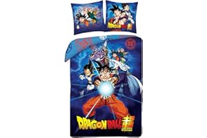 Halantex DRAGONBALL GOKU con amigos Beerus Gohan Junior Vegeta - Kamehameha - Juego de funda de edredón 140x200cm con funda de almohada 70x90cm - 100% Poliéster Multicolor