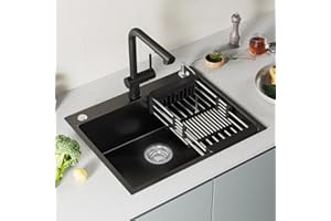 CECIPA Spülbecken Schwarz(Anthrazit) 60×49 CM, Edelstahl Waschbecken Küche mit Siphon und Überlauf, Küchenspüle mit Seifenspender und Abtropfkorb, passend für Unterschränke ab 60 CM