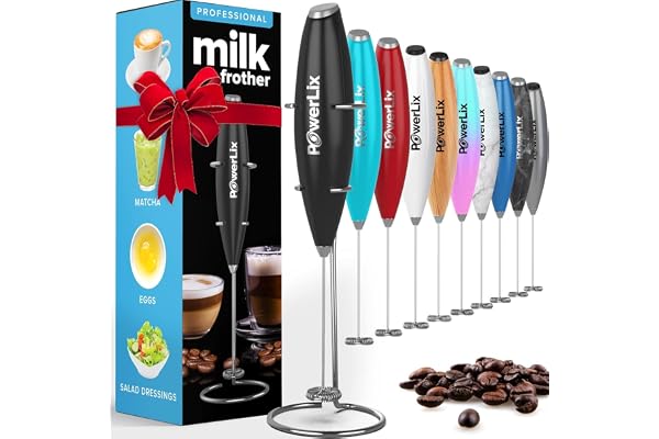 PowerLix Mousseur à Lait Électrique Alimenté par Batterie - Pour Café, Latte, Cappuccino et Chocolat Chaud, Support en Acier Inoxydable Inclus
