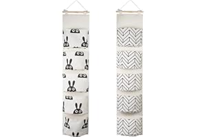 SMFANLIN 2Pcs Over The Door Storage Hanging Bag, Premium Linen Fabric Wall Closet Hanging Storage Organizer with 5 Pockets, Waterproof Hanging Shelves Pocket for Wall Bedroom Bathroom (Rabbit)