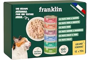 FRANKLIN – Nourriture Humide pour Chat – Filets en Sauce Chat cuit au Bouillon – 100% Naturel, sans Additifs – Texture Appétente – Riche en Protéines – Faible en Calories – Pack 12 x 70 g