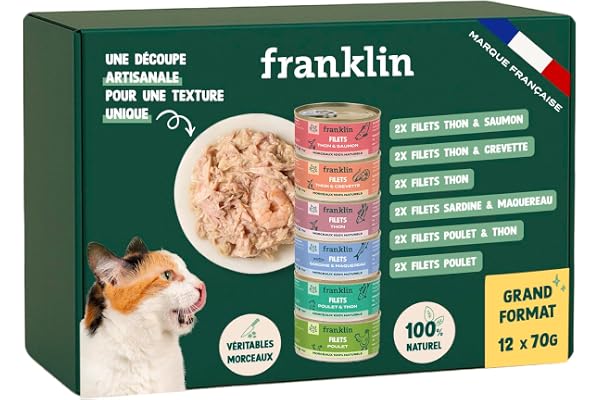 FRANKLIN – Nourriture Humide pour Chat – Filets en Sauce Chat cuit au Bouillon – 100% Naturel, sans Additifs – Texture Appétente – Riche en Protéines – Faible en Calories – Pack 12 x 70 g